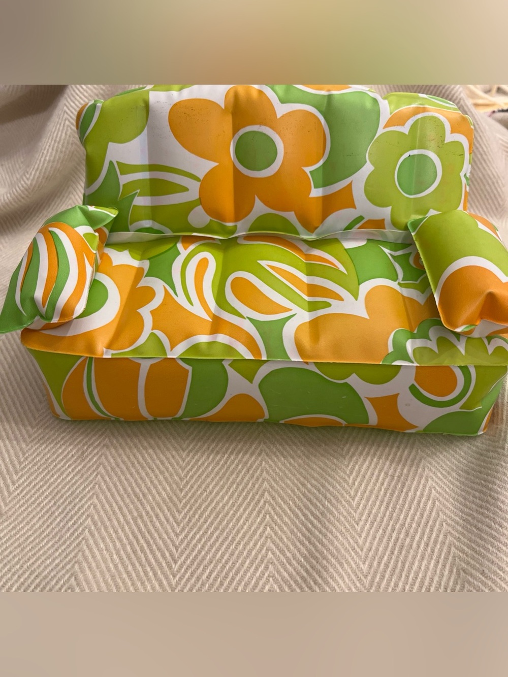 Vintage ‘70s Barbie Blow Up Floral Green, Orange, & White Couch Zee Toy